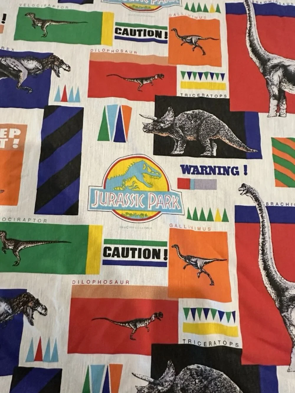Vtg Jurassic Park Twin Bed Sheet 1992 Bibb USA Dinosaur Name Fabric Craft T Rex